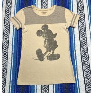 Disney Mickey Mouse T Shirt Women's Medium Gray Beige Distressed Graphic Tee